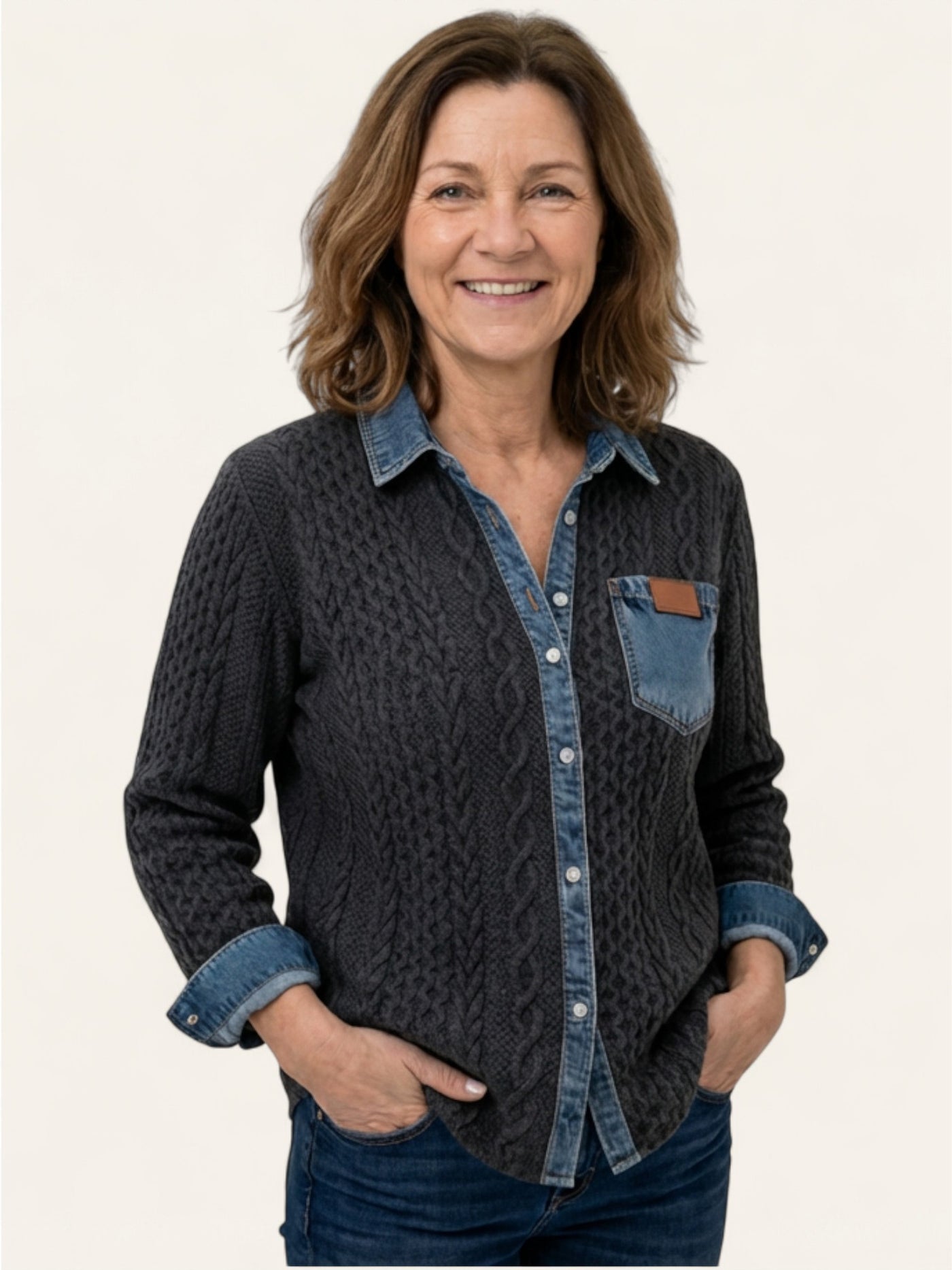 Langermet skjorte med denim-lappeteppe